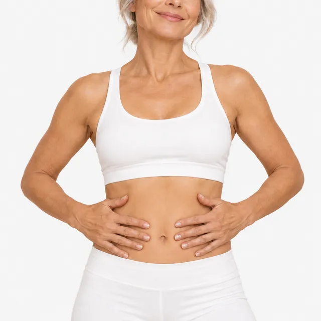 A woman in white activewear with her hands on her waist
