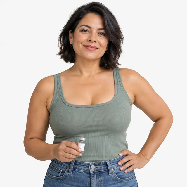 A smiling woman holding a small vial, one hand on her hip