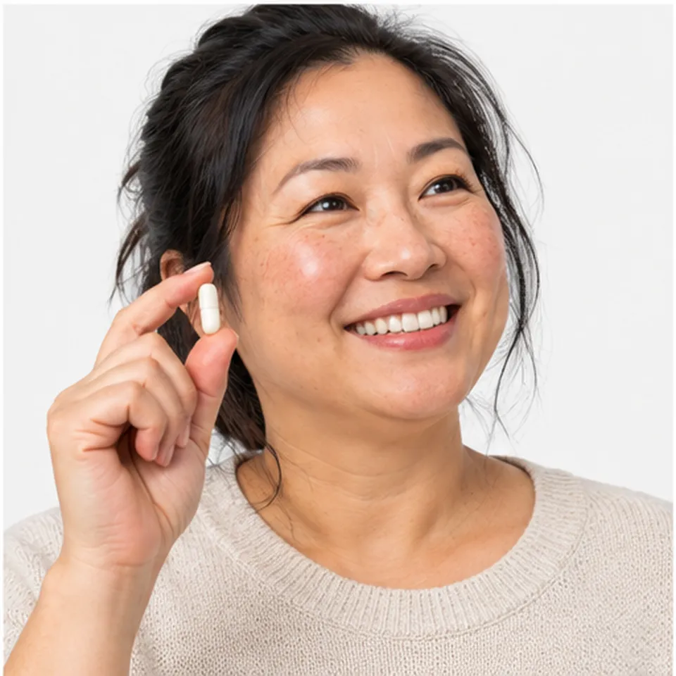A smiling woman holding a small tablet beside her face