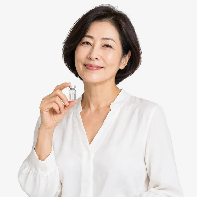 A smiling woman in a white blouse holding a small vial