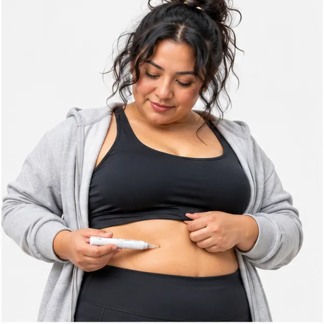 A woman in a gray hoodie holding an injection pen to her stomach