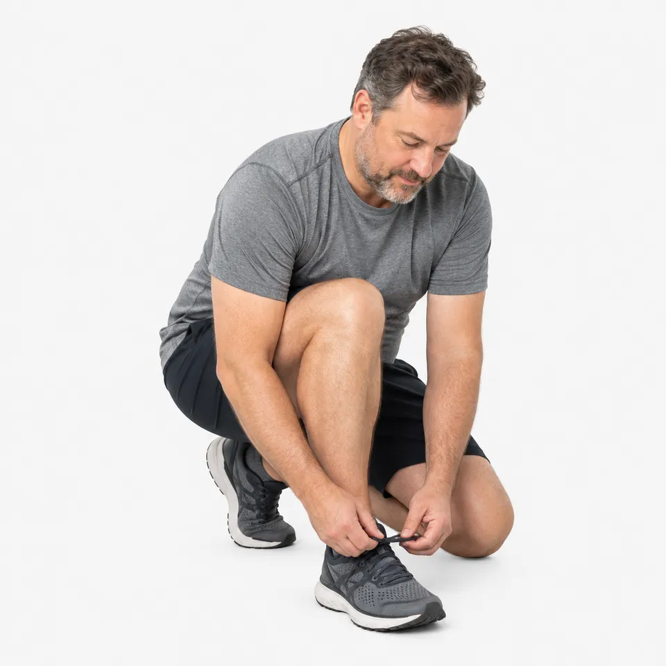 A man kneeling to tie his running shoe