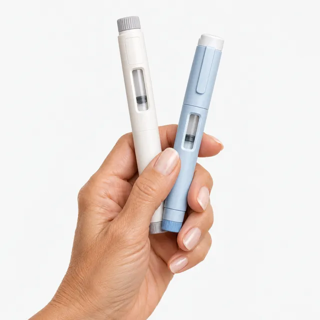 A hand holding two injection pens, one white and one pale blue
