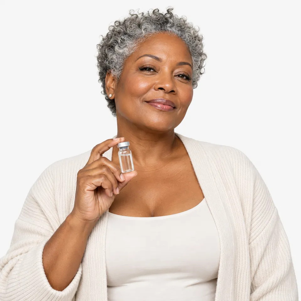 A smiling woman with gray hair holding a small medicine vial