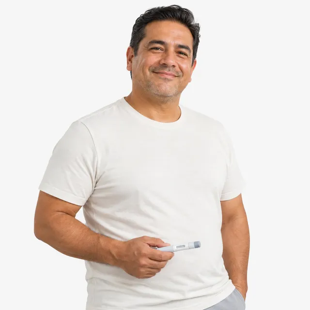 A smiling man holding an injection pen