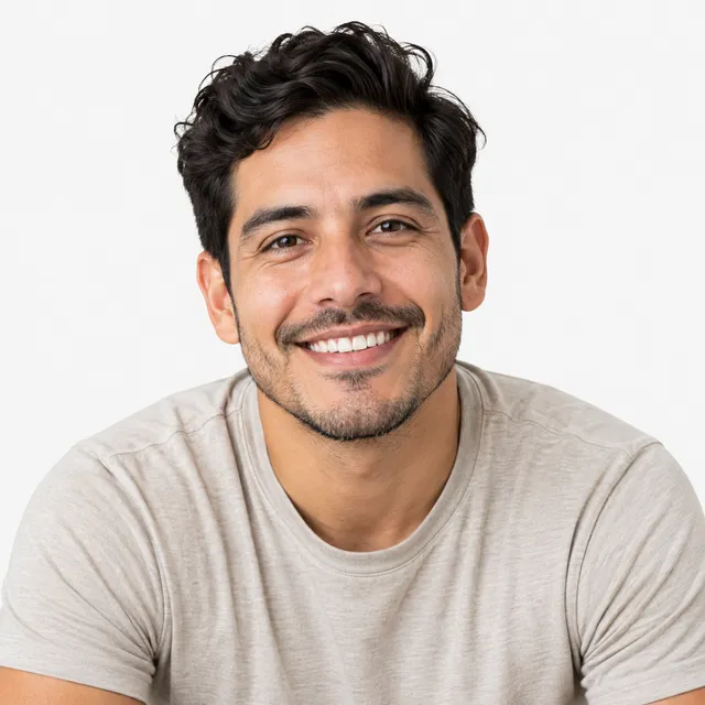 A smiling man with dark wavy hair in a beige T-shirt