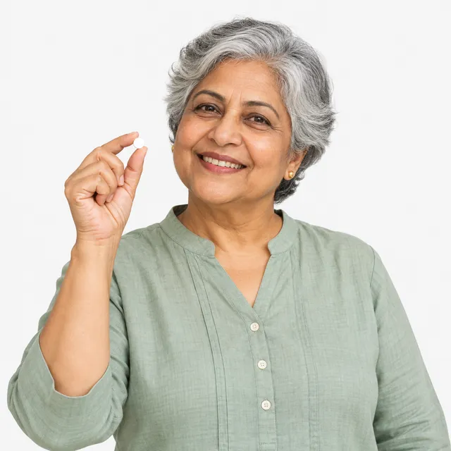 A smiling woman with gray hair holding a small white pill