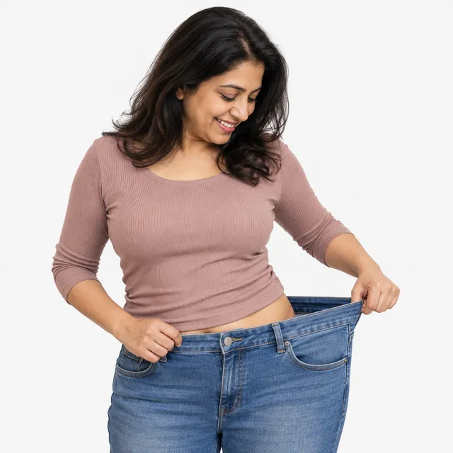 A smiling woman holding out the loose waistband of her jeans