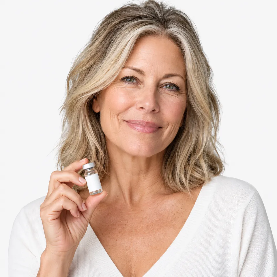 A smiling woman with fair hair holding up a small vial