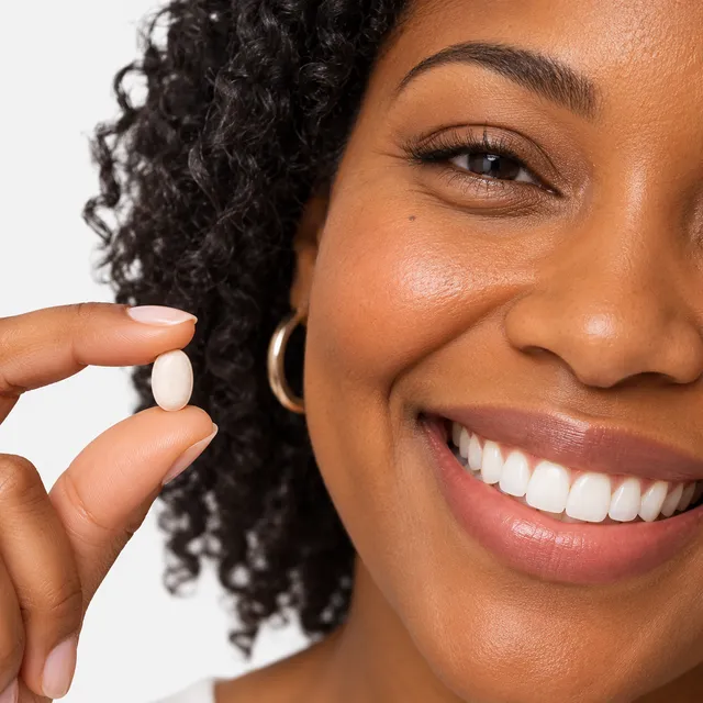 A smiling woman holding a small tablet between her fingers