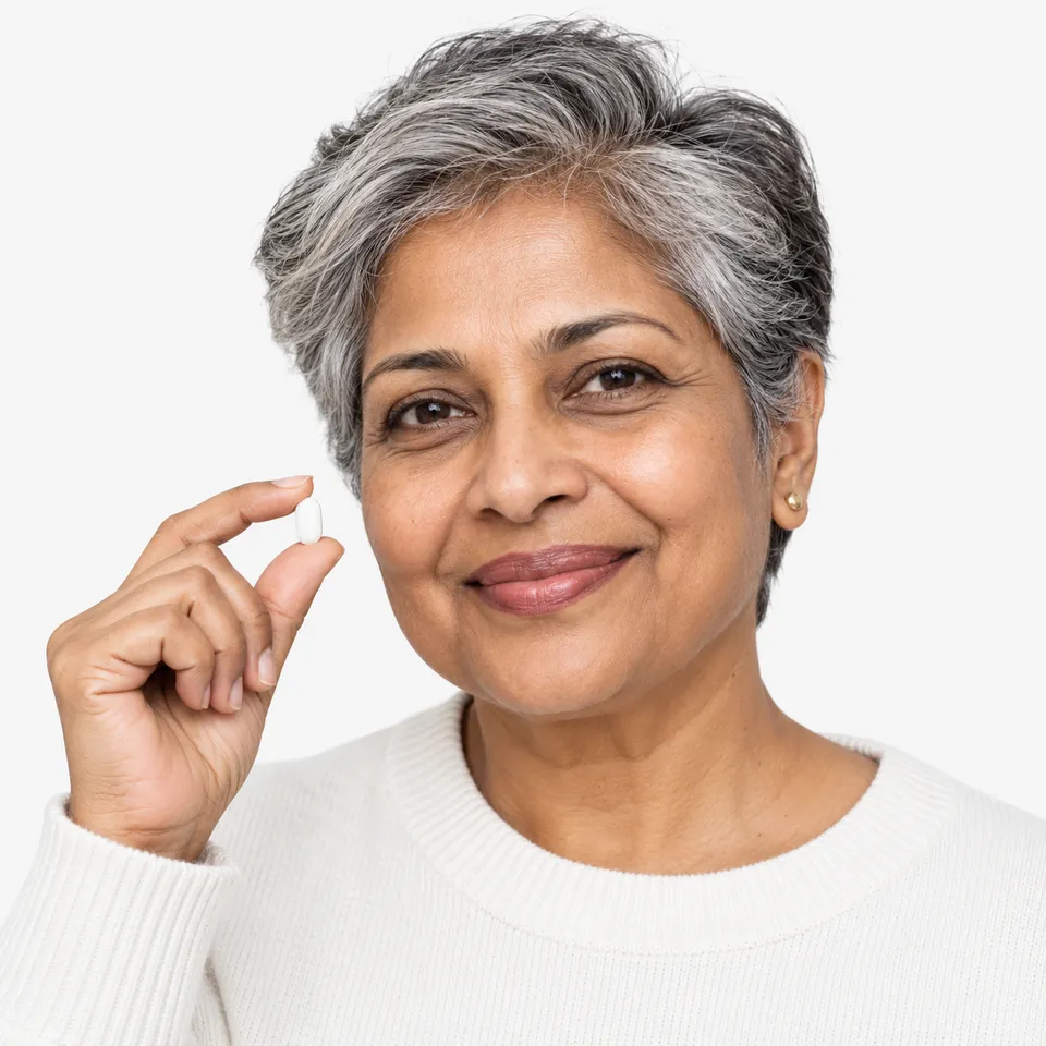 A smiling woman with short gray hair holding a white tablet
