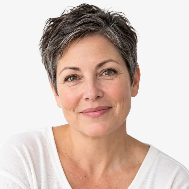 A smiling woman with short gray hair in a white T-shirt