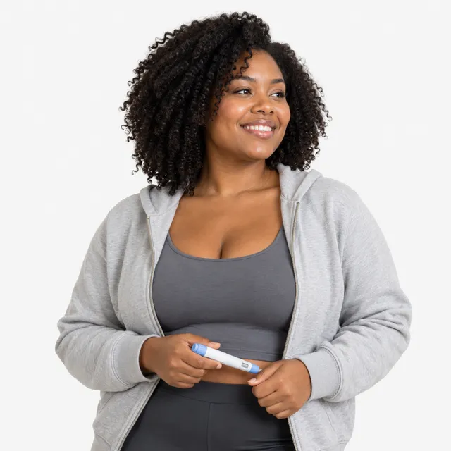 A smiling woman in a gray hoodie holding an injection pen at her waist