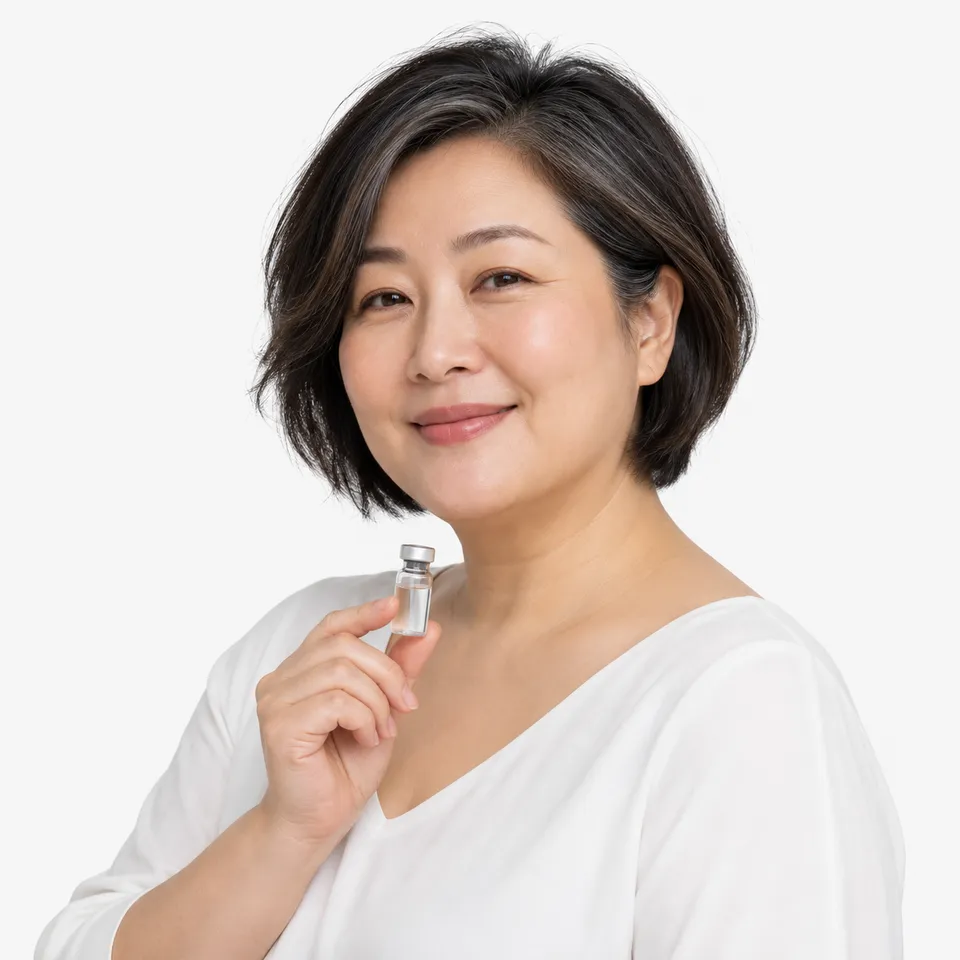 A smiling woman with dark hair holding a small medicine vial