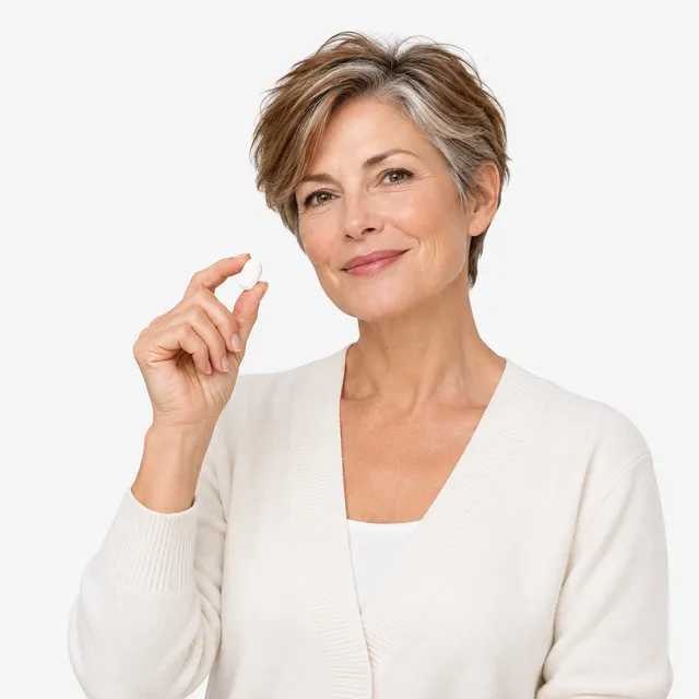 A smiling woman with short hair holding a small tablet