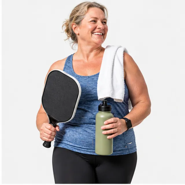 A smiling woman with a pickleball paddle, a towel and a water bottle