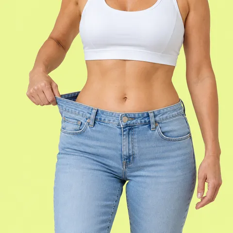 A woman holding out the loose waistband of her jeans