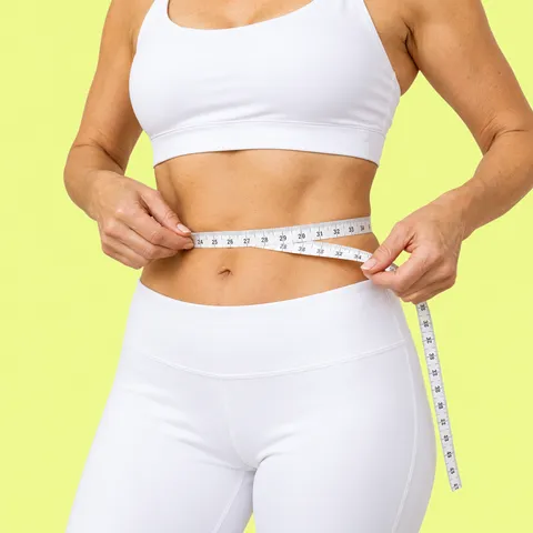 A woman measuring her waist with a tape measure