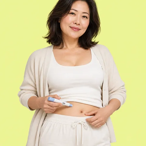 A smiling woman holding an injection pen to her stomach